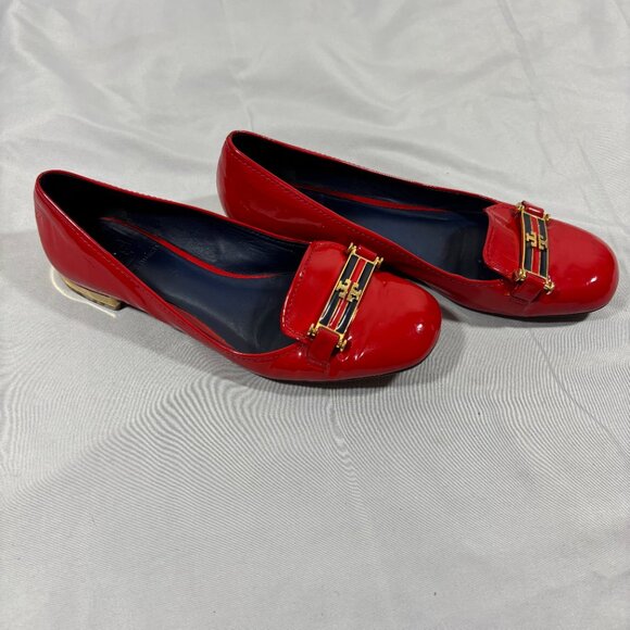 TORY BURCH Red Flats Patent Leather Ballet With Logo Cerise Shoes Size 6.5M - Picture 3 of 9
